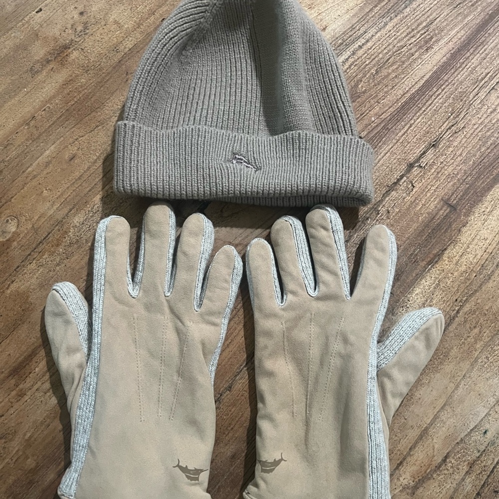 Men's Taupe Knit Beanie and Tan Leather-Tech Gloves Set